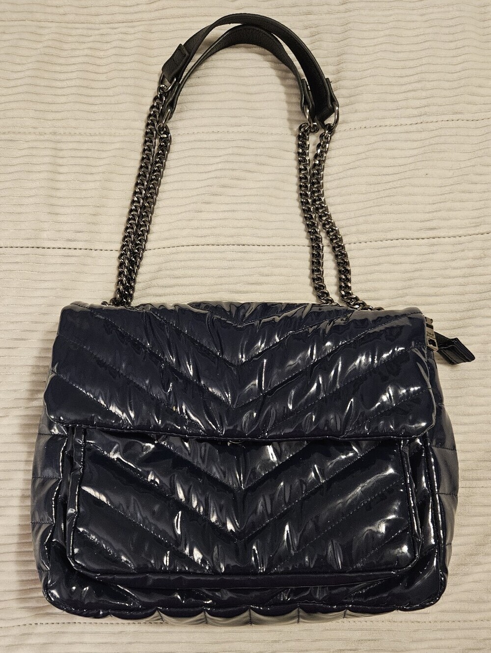 THINK ROYLN Navy Blue The Muse Quilted Puffer Shoulder Bag.Chain & Leather Strap